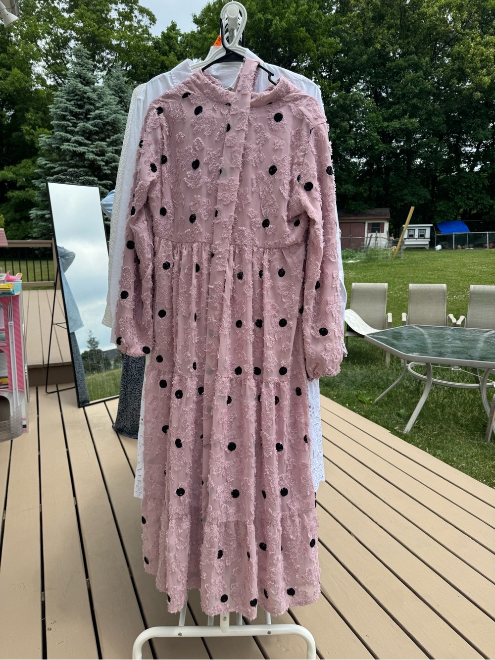 Pink Tiered Lace Maxi Dress with Black Velvet Dots
